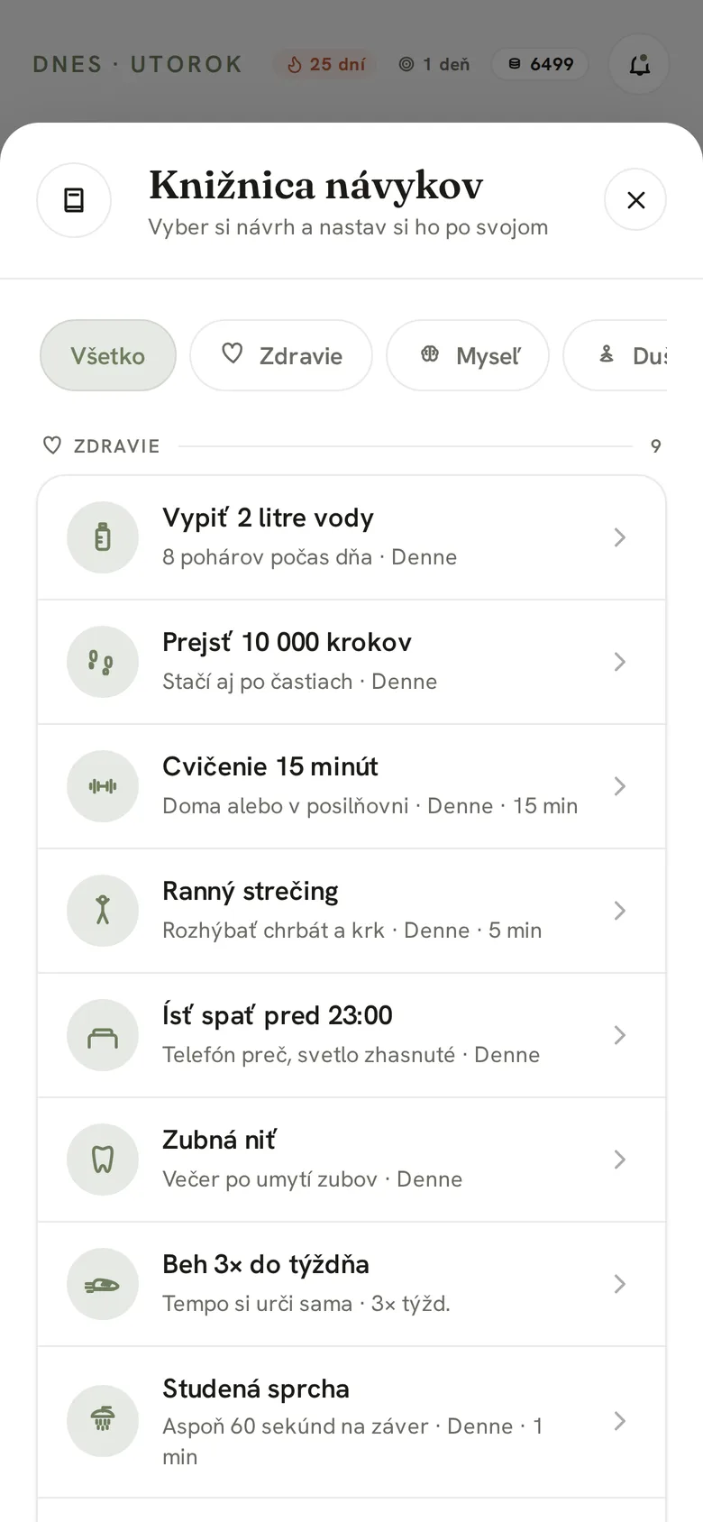 Knižnica návykov s návrhmi v kategórii Zdravie: 2 litre vody, 10 000 krokov, ranný strečing