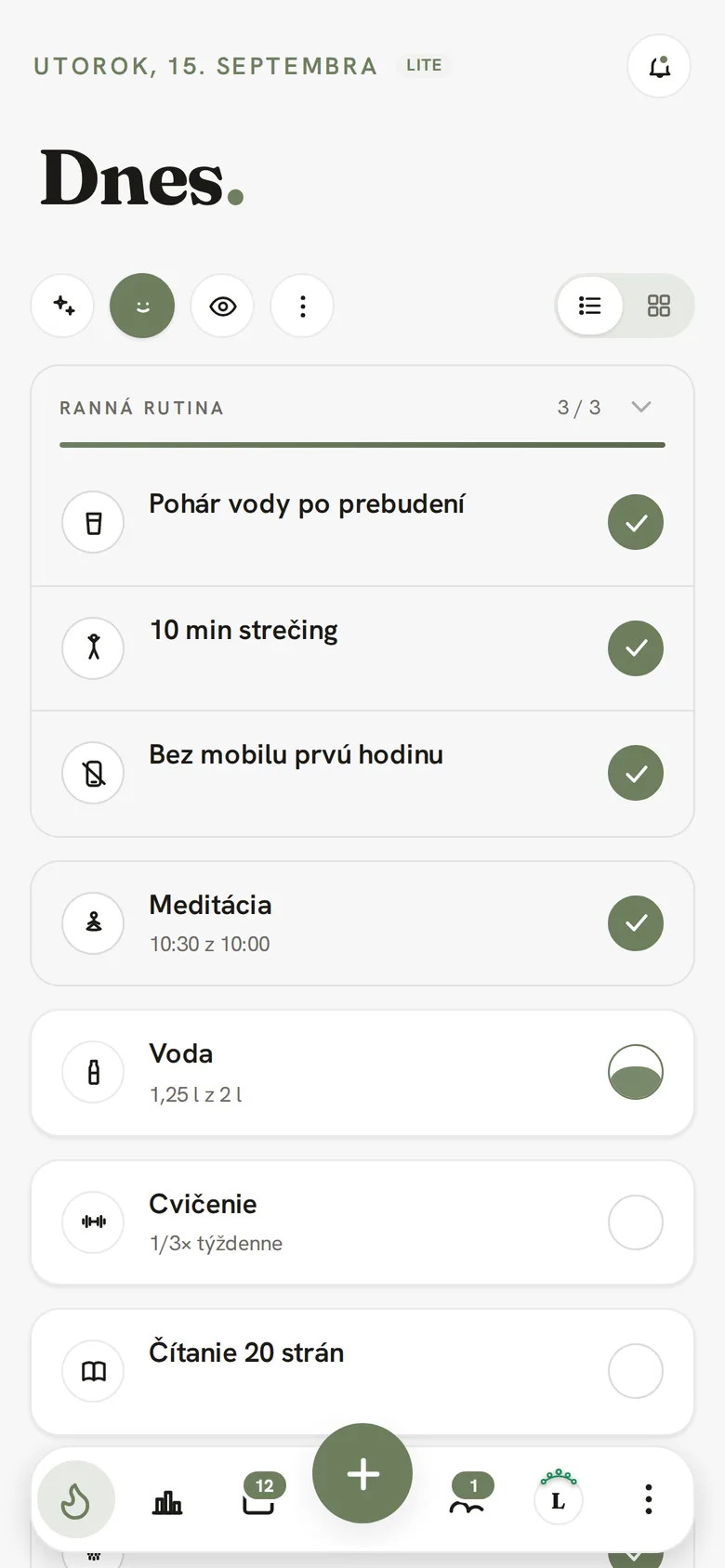 Obrazovka Dnes v Lite režime bez bodov, s hotovou rannou rutinou a zvyšnými návykmi