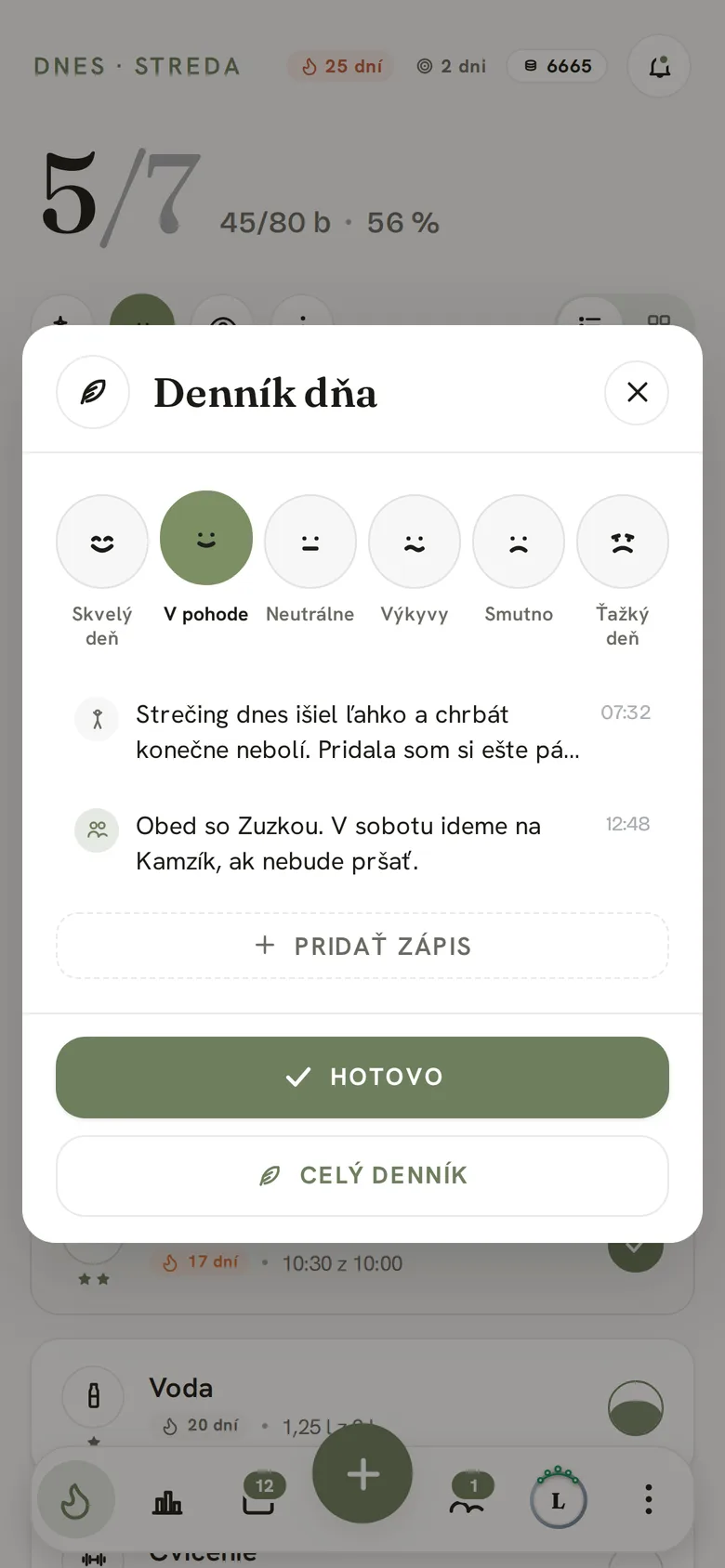 Denník dňa s výberom zo šiestich nálad a dvomi dnešnými zápismi